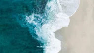 Abstract top-down aerial view of a powerful turquoise ocean wave crashing and creating white foam on a pale sandy beach.