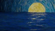 An expressive, textured painting in a post-impressionist style of a large yellow moon rising over a dark blue ocean, with the moonlight reflecting on the water's surface.