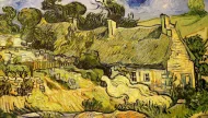 The famous oil painting ‘Thatched Cottages at Cordeville‘ by Vincent van Gogh, depicting a vibrant and turbulent landscape with thatched-roof houses, swirling green trees, and a dramatic, expressive cloudy sky.