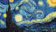 The famous oil on canvas painting ’The Starry Night‘ by Post-Impressionist artist Vincent van Gogh, depicting a dramatic night sky with a swirling celestial body, a glowing crescent moon, and bright stars over a tranquil village.